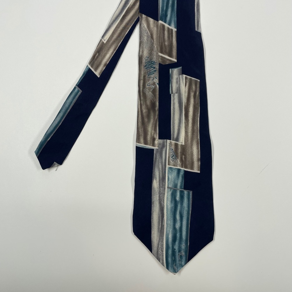 L'Atelier Navy Blue Silk Geometric Abstract Necktie Mens One Size